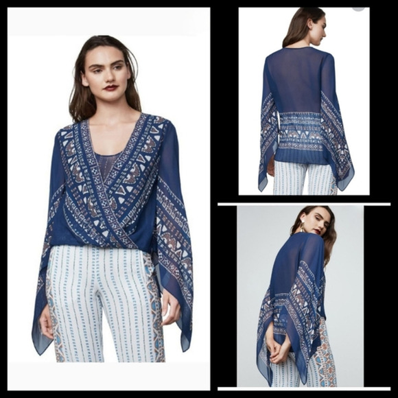 BCBGMAXAZRIA Kasia‎ Handkerchief-sleeve Silk Chiffon Wrap Top Stormy Blue Combo - Picture 1 of 6